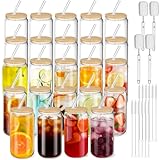 Iced Coffee Cup-Cafultgo 24 Pack Glass Cups 16OZ Matcha Cup Glass Cups with Lids and Straws Drinking Cup Set with Wooden Lids Home Essential Glass Tumblers for Beer Tea and Latte Clear