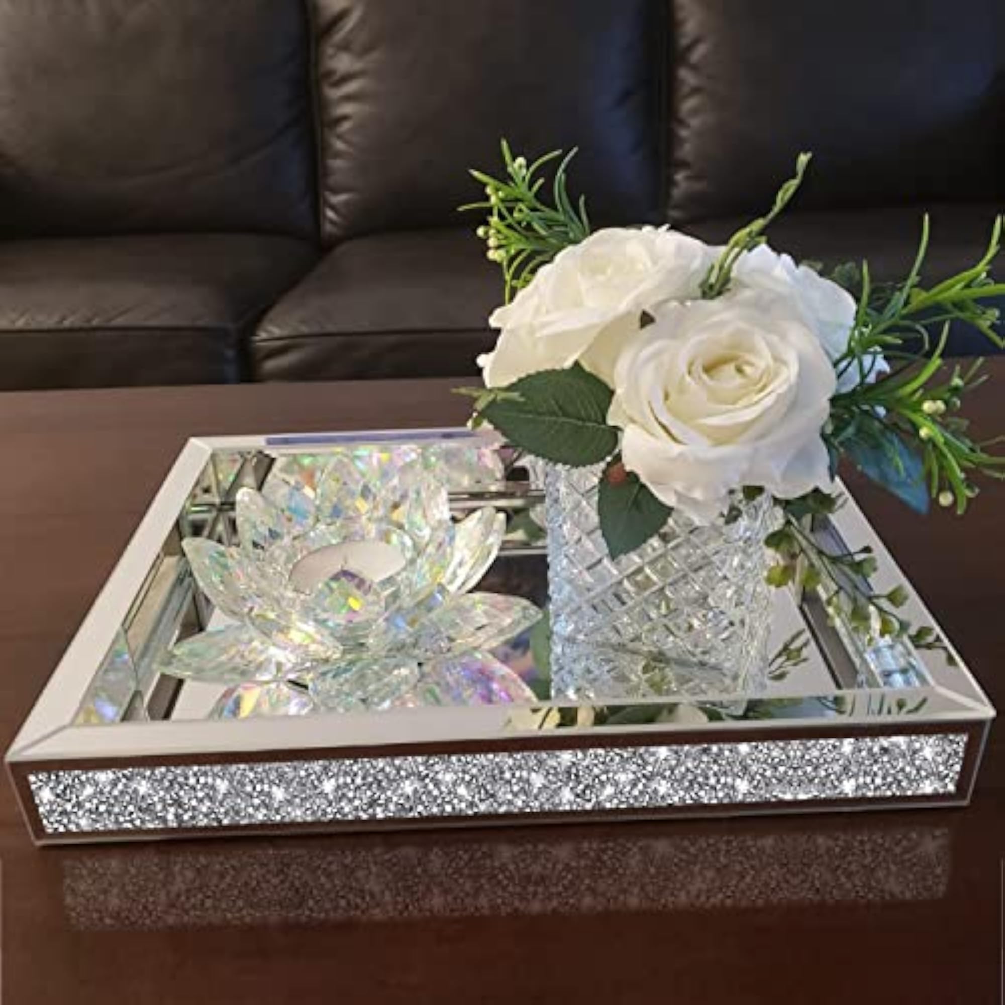 Mirrored Decorative Serving Tray with Crystal Crush