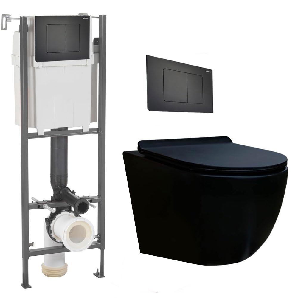 Inodoro suspendido completo - Cerámica - Sin bridas - Negro mate - Soft-close - Cisterna empotrada CHRONO - Pulsador negro - Tapa extra fina - Diseño elegante y moderno