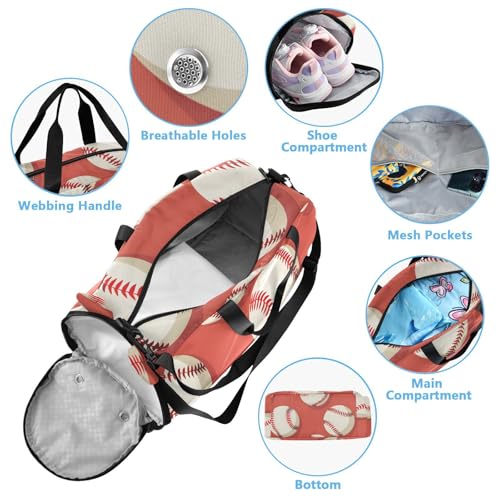 Gym Travel Duffle Bag for Boys Girls Baseball Red Coral Pattern Sports Dance Bag with Shoe Compartment & Wet Pocket Football Kids Travel Bag Teens Sleepover Carry4