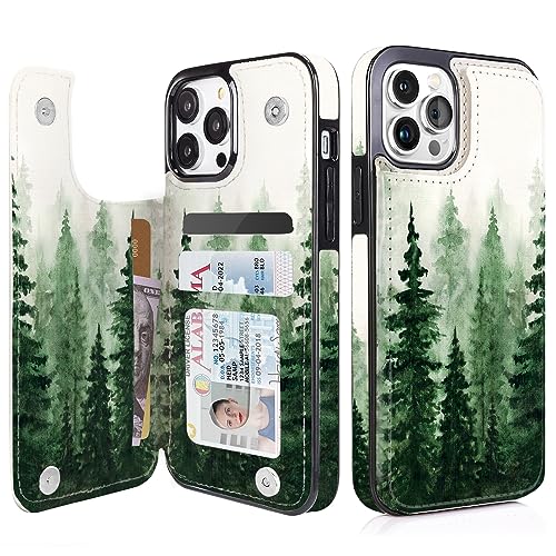 Image of uCOLOR Compatible with iPhone 12 /12 Pro 6.1 Inch Wallet Case with Card Holder, Folio Flip PU Leather Kickstand Card Slots Design Case, Double Magnetic Clasp and RFID Blocking Cover 6.1 inch(Green Forest)