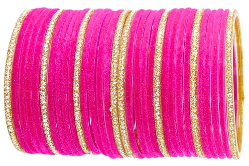 Image of NMII Fancy Glass Golden Zircon Diamond Stone & Velvet Finish Plain Bangles Set For Women & Girls | Glass Velvet Bangles | Kanch ki Chudiyan | Girl's Bangles Bracelet | Fashion Jewellery- Set of 32