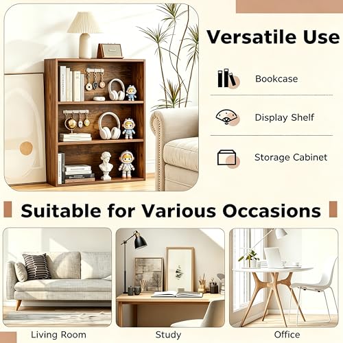 Image of HealSmart 3 Tier Bookcase, Industrial 3 Book Shelf, 9.2 inch D x 23.8 inch W x 31.5 inch H Tall Open Cube Storage Organizer for Home Office, Living Room, Bedroom and Dinning Room, Brown