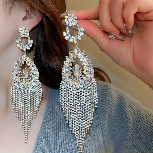 Octwine Vintage Teardrop Rhinestone Earrings for Women - Dangling Stud Chandelier Statement Tassel Silver Sparkly Drop Crystal Long Dangle Costume Jewelry3