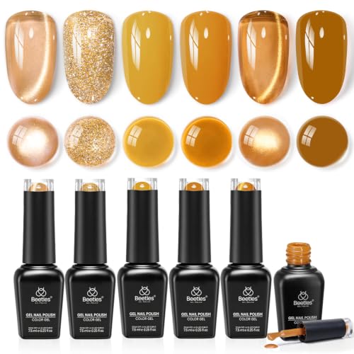 Image of Beetles Fall Gel Polish Set, Retro Honey Gold Glitter Cat Eye Soak Off Gel | 6 Colors Mustard Yellow Amber Brown With Shimmer And Magnetic Effects, UV LED Cure DIY Manicure