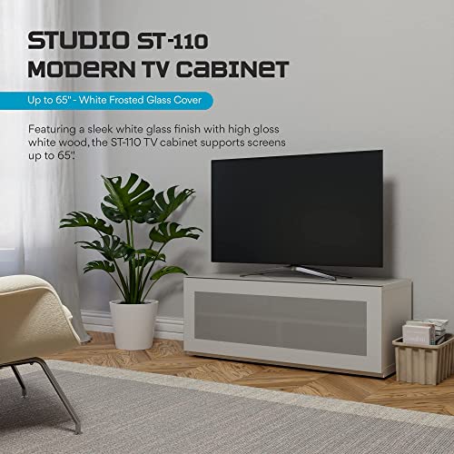 Image of SONOROUS ST-110 Premium TV Stand with White Wood & White Glass Cover - Modern Entertainment Center & Media Console for Living Room - TV Cabinet up to 65 Inch with Hidden Wheels - Sleek Storage Design