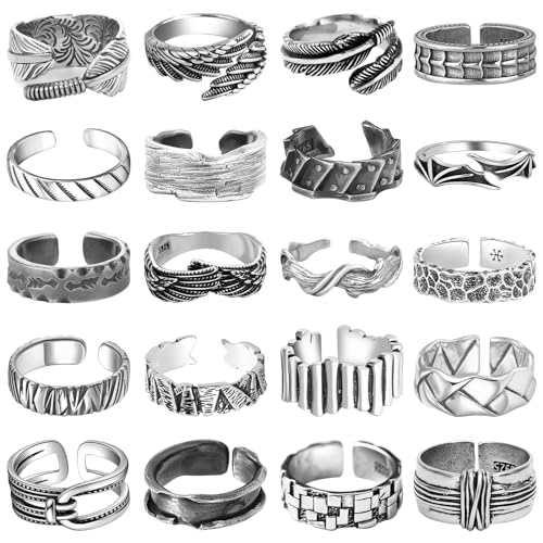 NEWITIN 20 Pieces Vintage Rings for Men Punk Ring Cool Gothic Ring Open Adjustable Silver Chunky Rings for Men Women