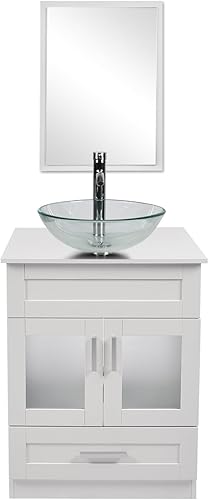 Puluomis Juego de tocador de baño tradicional de 24 pulgadas, gabinete blanco individual y fregadero de vidrio, 1 cajón deslizante grande y grifo de