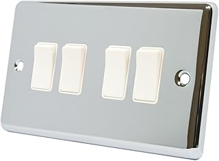 AET CPC4GSWIWH Polished Chrome Classical White Insert Plastic Rocker Switches-10 Amp 4 Gang 2 Way Light Switch, 240 V