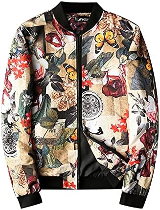 Men's Lightweight Varsity Jacket Floral Butterfly Print Stand-up Collar Causal Slim Fit Cotton Blend Bomber Jackets