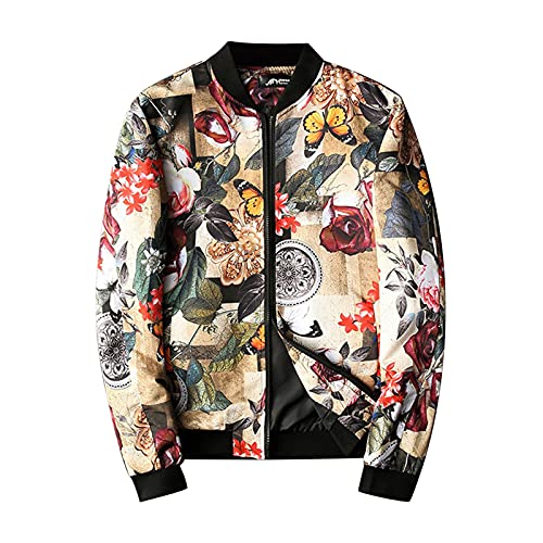 Men's Lightweight Varsity Jacket Floral Butterfly Print Stand-Up Collar Causal Slim Fit Cotton Blend Bomber Jackets #TOP24