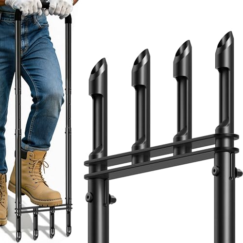Knee-Friendly Manual Lawn Aerator Tool Adjustable SUS304 Stainless Steel Core Aerator for Grass Yard Aeration Tool with 4 Hollow Tines for Lawn Care and Compacted Soil 43.3-48.5 Black