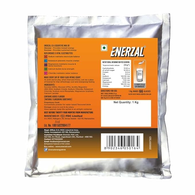 Image of Enerzal Orange 1KG Energy Drink Powder | Instant Hydration Drink (Pack of 1) (1)