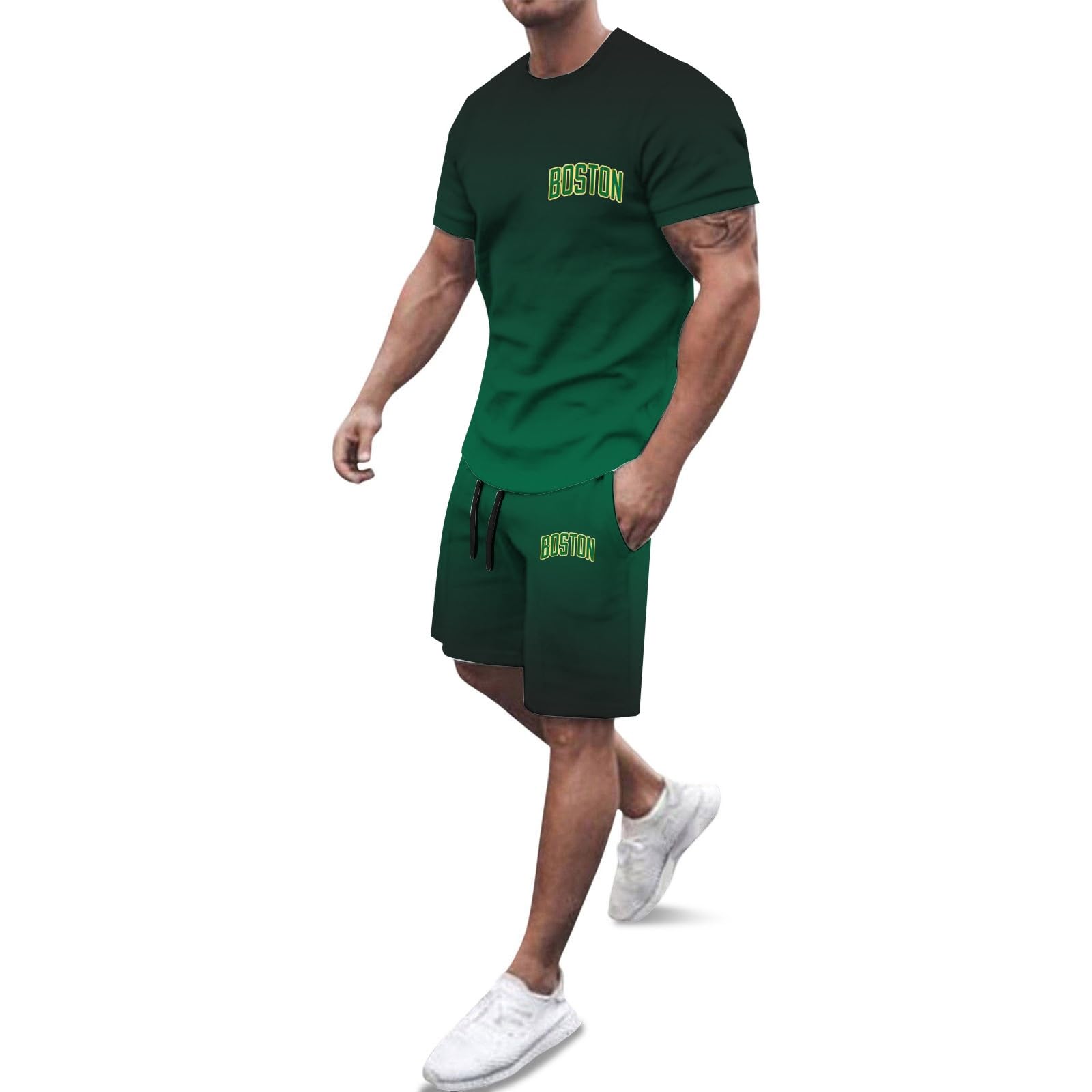 Ensemble homme t-shirt ample vert foncé avec short confortable imprimé lettres