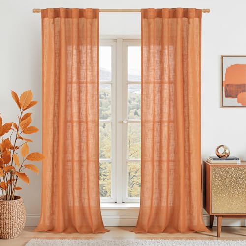 LAMIT Burnt Orange Linen Curtains for Living Room, 84 inch Length Light Filtering Semi Sheer Drapes Back Tab and Rod Pocket Farmhouse Panels for Bedroom, 2 Panels, 34 x 84 Inch