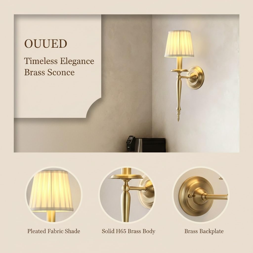 Applique da parete in ottone H65, lampada classica moderna E27/E14, apparecchio decorativo con vetro smerigliato o paralume in tessuto pieghettato for camera letto(15Cm/5.91In)