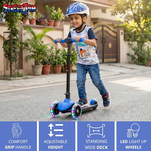 Image of STREETJAM Zoltra LED Wheel Kids Kick Scooter 3-12 Years, LED Light Wheels, BIS Approved, Lean-to-Steer Control, Extra Wide Deck, Vibrant Two-Tone Design, Up to 50 kg Load (Royal Blue with Black)