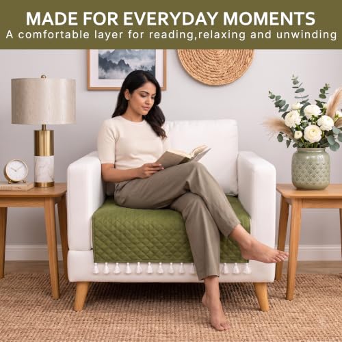 Image of BSB HOME 300 TC Premium Sofa Cover, Quilted Sofa Seat Cover with Decorative Tassels, Soft Comfortable Couch Protector, Stylish Furniture Cover for Living Room, 30 x 24 Inches (76 x 61cm) - Moss Green