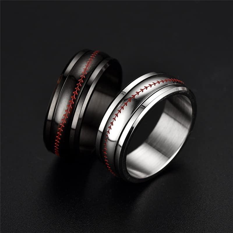 Image of Unisex 8mm Baseball Pattern Rotatable Fidget Ring | Stainless Steel, Simple Personality Domed Style, Cool Wedding Band, Sports Jewelry