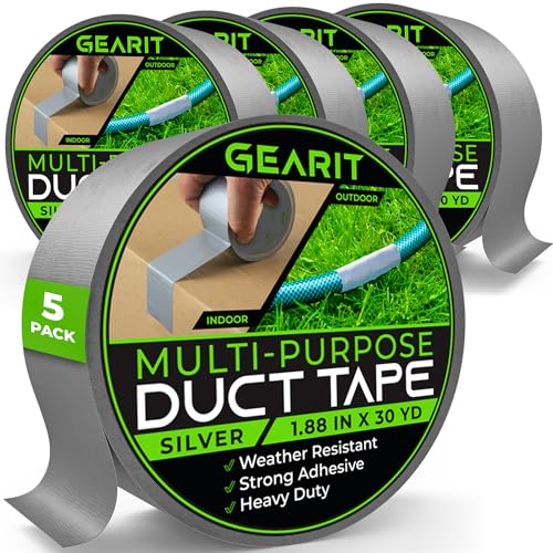 Image of GEARit Duct Tape with Heavy-Duty Adhesive (5-Pack, 1.88in, 30yd Each) Silver, Waterproof, Easy to Tear by Hand, Indoor Outdoor, Multi Surface Use, Professional Strength - 2 Inch, 5 Roll, 90 Feet