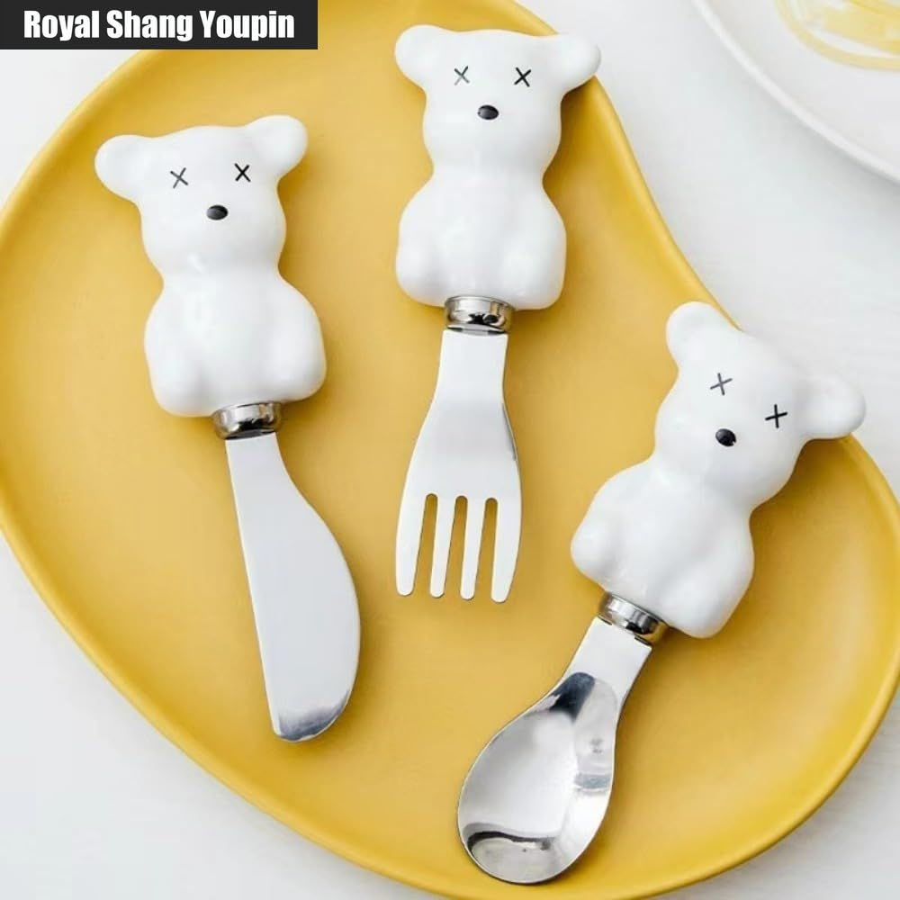 6 PZ Mini 13,5 Cm/5,3 Pollici Simpatico Orsetto Manico in Ceramica Cucina Posate in Acciaio Inossidabile Stoviglie Posate Coltelli Forchette Cucchiai Set Per 2 Persone (Bianco+Nero)