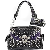 Western Rhinestone Studded Skull Concealed Carry Handbag and wallet set (Purple)