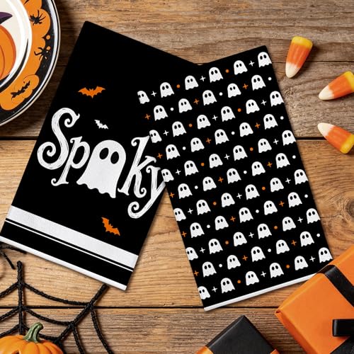 Image of Hexagram Halloween Kitchen Towels, Ghost Spooky Halloween Hand Towels | Black Dish Towel, Ghost Bathroom Decor, Sets of 2, 18 inchx28 inch, Gifts