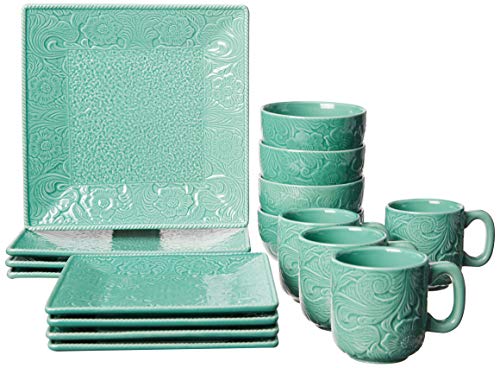 Hiend Accents Savannah 16 Piece Ceramic Dinnerware Set With Plates, Bowls, Mugs, Turquoise Tooled Leather Floral Pattern, Modern Rustic Western Style #TOP22