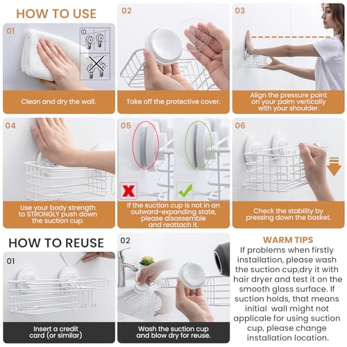 Image of LEVERLOC Shower Caddy Suction Cup, Heavy Duty Bathroom Organizer | Shower Organizer for Inside Shower with Hooks & Soap holder, NO-Drilling Bathroom shelves-White