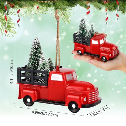 Adornos de árbol de Navidad con camión rojo vintage y mini pino artificial (Paquete de 3 piezas) 3