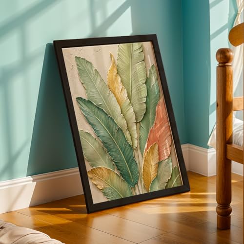 Image of NoWorries 3D Tropical Leaf Wall Painting with Frame Set of 1 | Premium Textured Green Botanical Leaves Artwork, Luxury Nature Wall Decor for Living Room, Bedroom, Office and Home Decoration (3d Art-18,13x19inch)