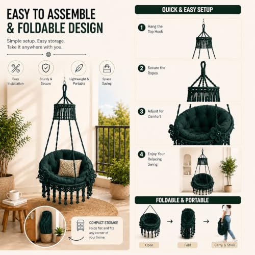 Image of Premium King Size Hammock Chair Swing with Cushion, 200kg Capacity | Indoor Outdoor Heavy Duty Adults & Kids Hanging Jhula for Home, Garden, Patio & Balcony | 1Yr Warranty (Bottle Green)