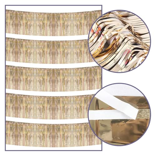 Image of 5 Pack 10 Feet Champagne Gold Fringe Garland Foil Fringe Garland Parade Float Fringe Metallic Streamers Tinsel Fringe Banner for Birthday Party Decor Halloween Christmas Decoration (Champagne Gold)