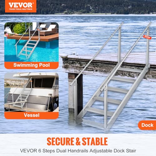 Image of VEVOR Dock Ladder 6 Steps, 500lbs, Aluminum Adjustable Height Pool Steps
