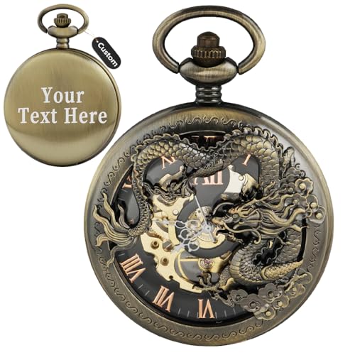 Image of Men's Mechanical Hollow Dragon Design Hand Wind Pocket Watch Roman Numerals Steampunk with Chain Box