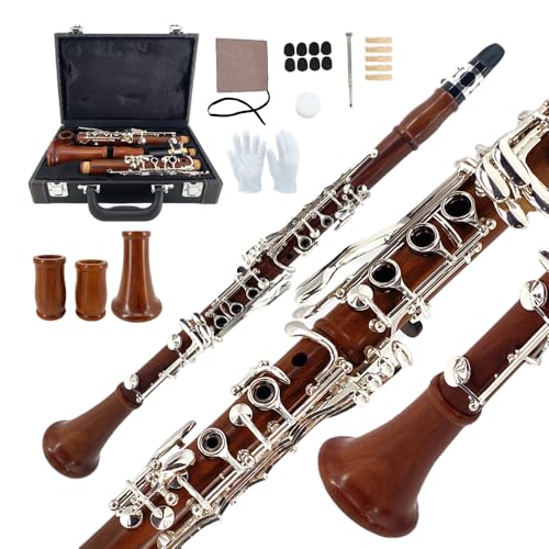 Yinfente Clarinete de palisandro chapado en plata, teclas Bb Flat Clarinete para estudiantes principiantes con 2 barriles estuche rígido kit de limpieza de boquilla de corcho guantes de grasa cañas