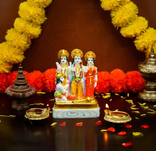 Image of Ram Darbar Idol with Hanuman Small Ram Sita Lakshman Murti Marble Dust Statue for Home Mandir Pooja Decorative Ram Darbar Statue