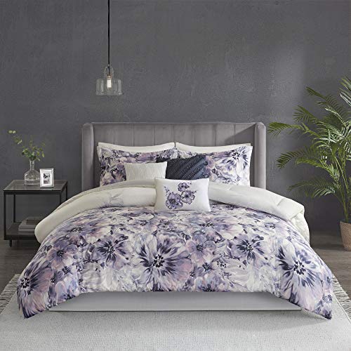 Madison Park Cotton Comforter Contemporary Floral Design All Season Set, Matching Bed Skirt, Decorative Pillows, Queen (90 in x 90 in), Enza, Watercolor Purple