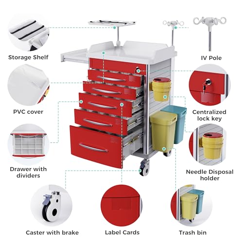 OLERN Medical Rolling Crash Cart with Integrated Medical Countertop -CPR Board, IV Pole, O2 Holder, Trash Bin, Silent Casters, Drawers with Dividers, Nursing Cart for Clinic, Hospital, Nursing Center - Thumbnail 3
