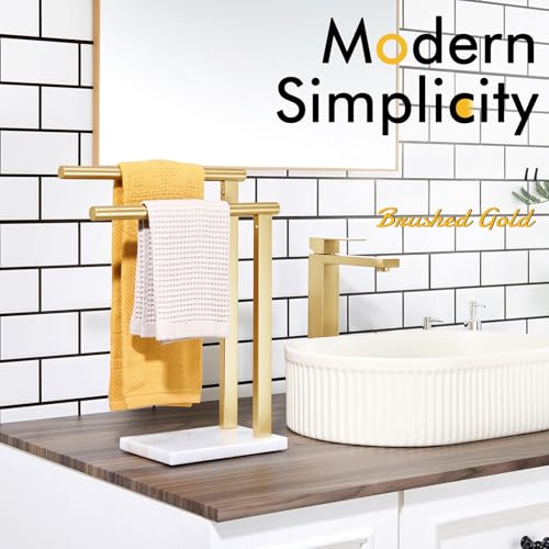 Image of KOKOSIRI Hand Towel Rack Standing Towel Rails 2-Tier with Marble Base for Bathroom Vanity Countertop, Brushed Gold Stainless Steel 15.7'' Height THS0007-BG