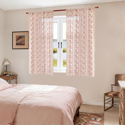 Image of Boho Farmhouse Curtains for Living Room 2 Panels, Floral Fall Curtains 54 Inches Long,Privacy Country Vine Pattern Bedroom Curtain,Let Light in Window Drapes Beige