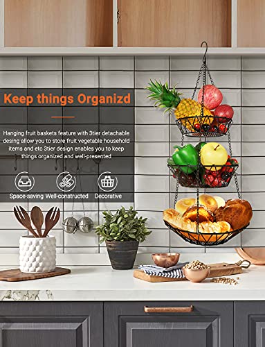 Willizter 3 Tier Hanging Basket With Sturdy Metal Chain Hanging Hooks Fruit And Vegetable Basket Heavy Duty Wire Organizer Space Saving Rustic Country Style Kitchen Storage thumb #2