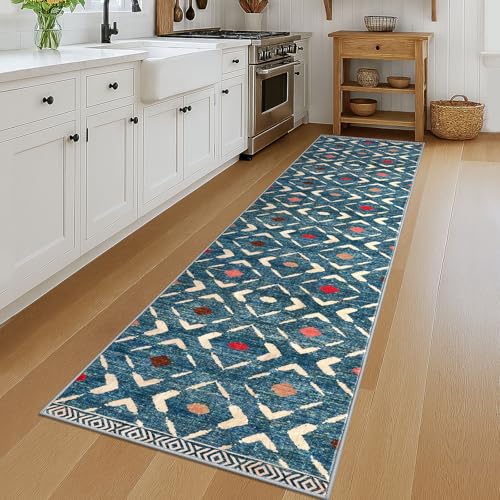 KILOCOCO Hallway Runner Rug 2.6'x12' Runners for Hallways Washable Runner Soft Non Slip Printed Geometric Low-Pile Rugs Runners for Bedroom Kitchen Living Room Boho Rugs, Teal/Blue