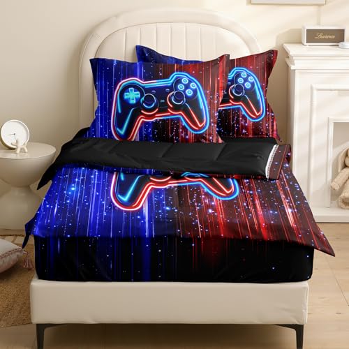 Image of Kids Comforter Set,Zipper Bedding Twin for Teen,Gaming Printed Comforter Set with Fitted Sheets and Pillowcases for All Season(Red-Blue Gamepad Twin)