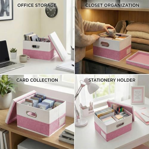 Image of PRANDOM Storage Bins with Lids [3-Pack] Linen Fabric Foldable Storage Boxes Organizer Containers Baskets Cube with Cover for Bedroom Closet Office Pink&White（11.4X8.6X6.7