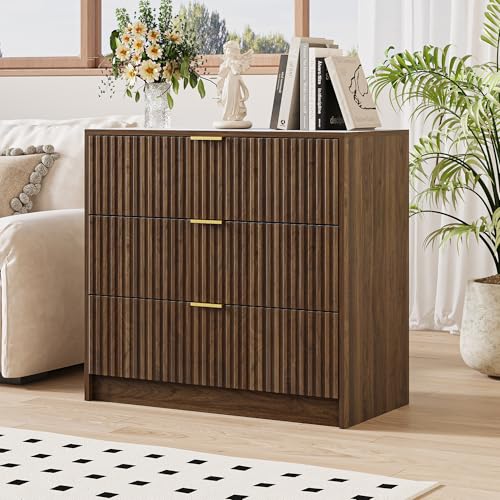 Image of MAISONARIA Fluted Dresser for Bedroom, 32 Inch Wide Nightstand with Large Drawer, 3 Drawer End Table for Bedroom, Living Rooms, Offices, and Entryways, Walnut