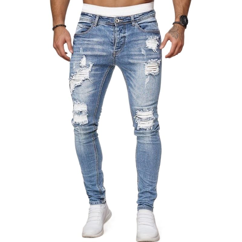 Mens Summer Distressed Jeans Fit Ripped Skinny Jeans Stretch Destroyed Ripped Tapered Leg Boyfriend Denim Pants