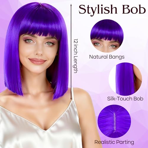 Image of PLULON Dark Purple Bob Wig with Bangs, Short Straight Bob Wig with Heart Sunglasses 12 Inch Shoulder Length Heat Resistant Synthetic Hair for Women Natural Look Daily Cosplay Halloween Costume Party