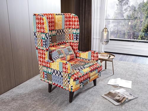 Image of Custom Decor Wooden Wing Chair Without Ottoman Stool | Wingback for Living Room | One Seater Sofa | High Density Foam | Accent Chair for Seating and Home Decor Furniture | (Marwadi, Without Ottoman)