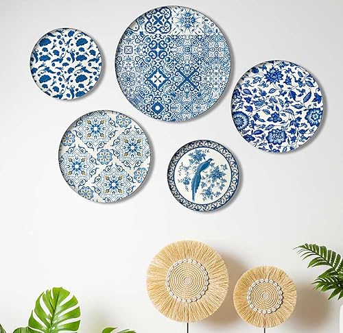 Image of Blue Sapphire Moroccan Wall Plates - Set of 5 Decorative Metal Plates Inspired by Delft Art & Pottery | Elegant Wall Decor for Living Room, Bedroom & Office